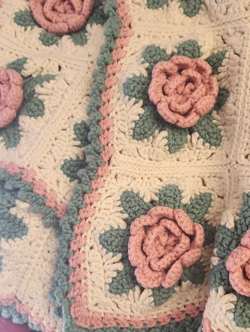 Handmade Crochet Rose Blanket - Pink & Green Floral Squares 38